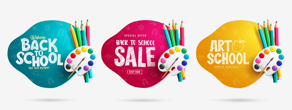 Back to school vector set design. Back to school text with art creative supplies of color pencil and painting isolated in white background for educational collection. Vector illustration.

