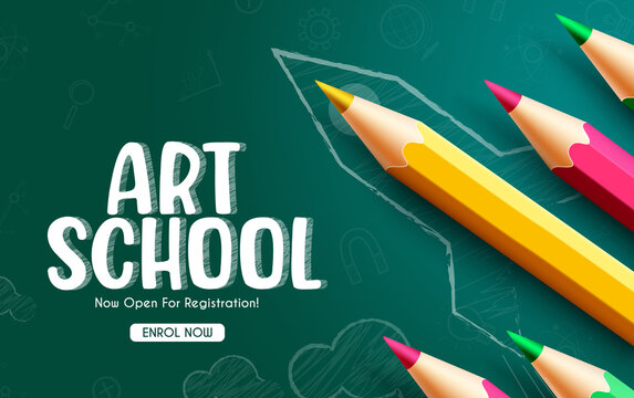 School art online registration vector design. Art school typography text in chalk board background with color pencil and sketch drawing elements for professional and creative learning.