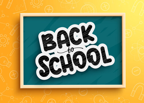 Back to school vector concept design. Back to school typography text in chalkboard element with yellow doodle icons background for student knowledge learning decoration. Vector illustration.
