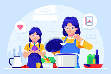mother and daughter cooking illustration