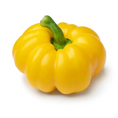 Single fresh picked yellow bell pepper close up isolated on white background