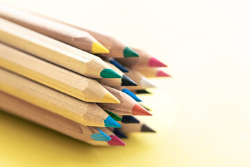 Close-up, multi-colored wooden pencils for drawing isolated.