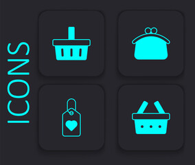 Set Shopping basket, Wallet and Heart tag icon. Black square button. Vector