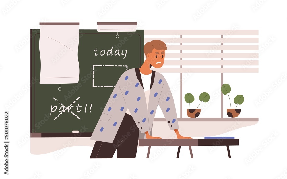 Poster angry school teacher during lesson in classroom. irritated dissatisfied professor in class. mad educ