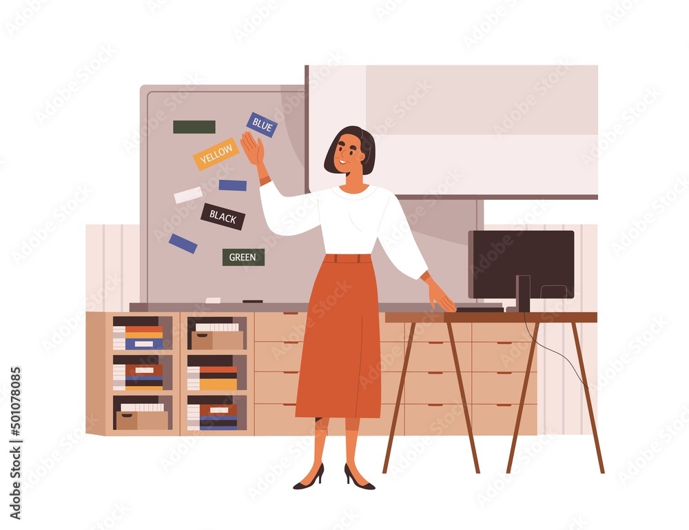 Poster school teacher teaching, standing at blackboard in classroom. smiling woman educator conducting less