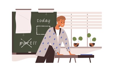 Angry school teacher during lesson in classroom. Irritated dissatisfied professor in class. Mad educator in negative emotions, rage, anger. Flat vector illustration isolated on white background