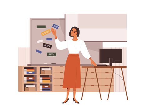 School Teacher Teaching, Standing At Blackboard In Classroom. Smiling Woman Educator Conducting Lesson, Lecture In Class, Explaining Information. Flat Vector Illustration Isolated On White Background