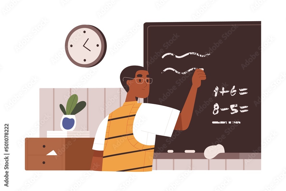 Poster african school teacher writing on blackboard with chalk. black man educator teaching in class, condu
