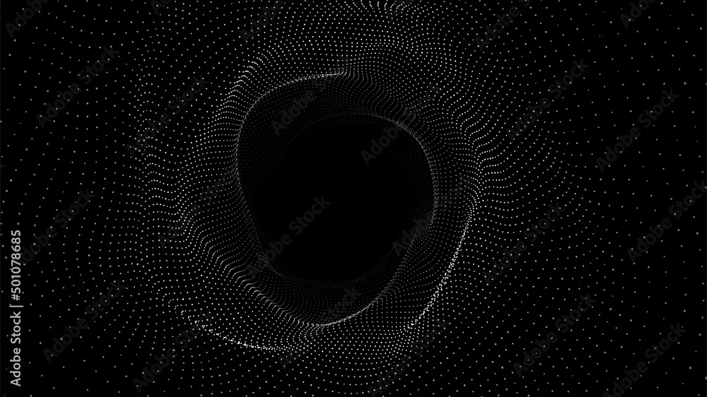 Poster abstract dynamic wireframe tunnel on black background. deep wavy wormhole. futuristic particle flow.