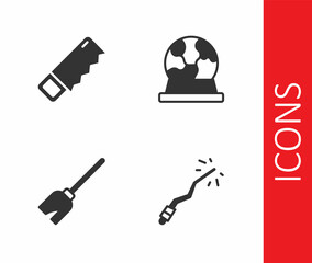 Set Magic wand, Hand saw, Witches broom and ball icon. Vector