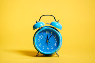 blue retro alarm clock on yellow background