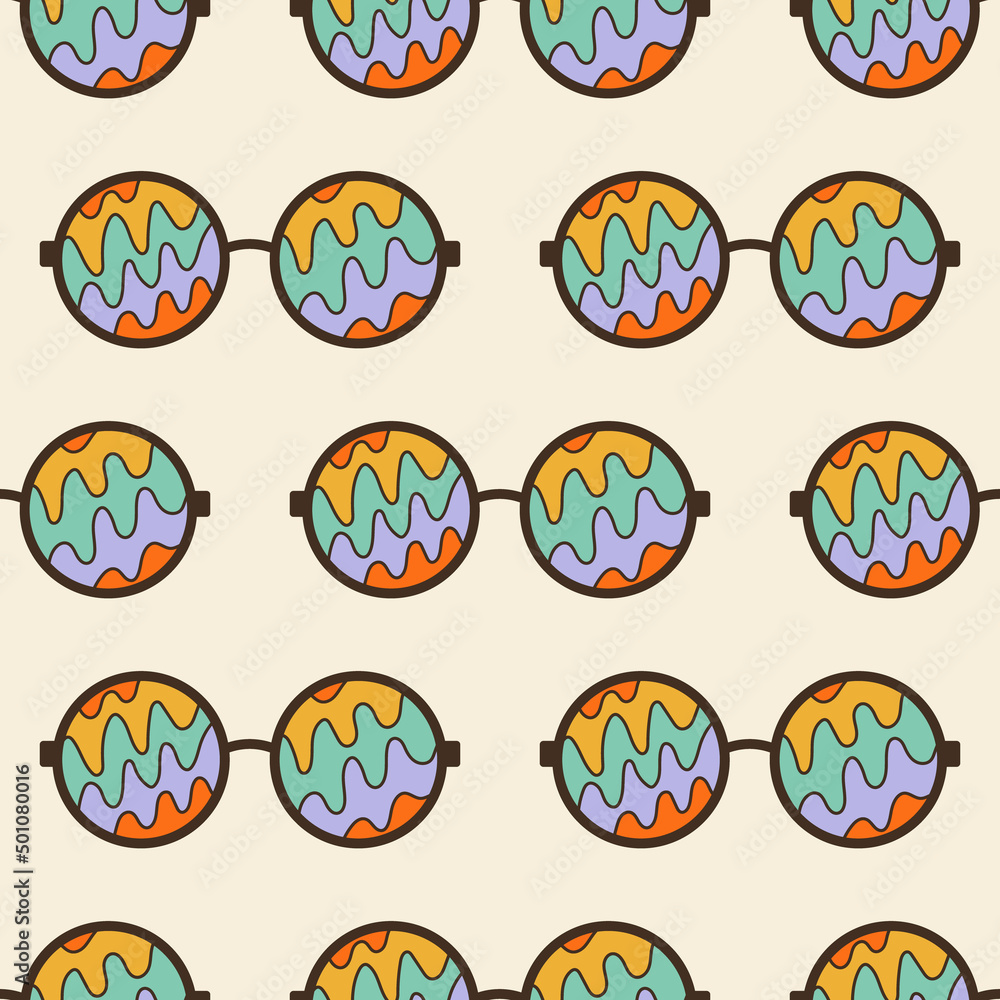 Poster seamless vector pattern with groovy sunglasses. 60s, 70s, 80s vibes disco background. retro psychede