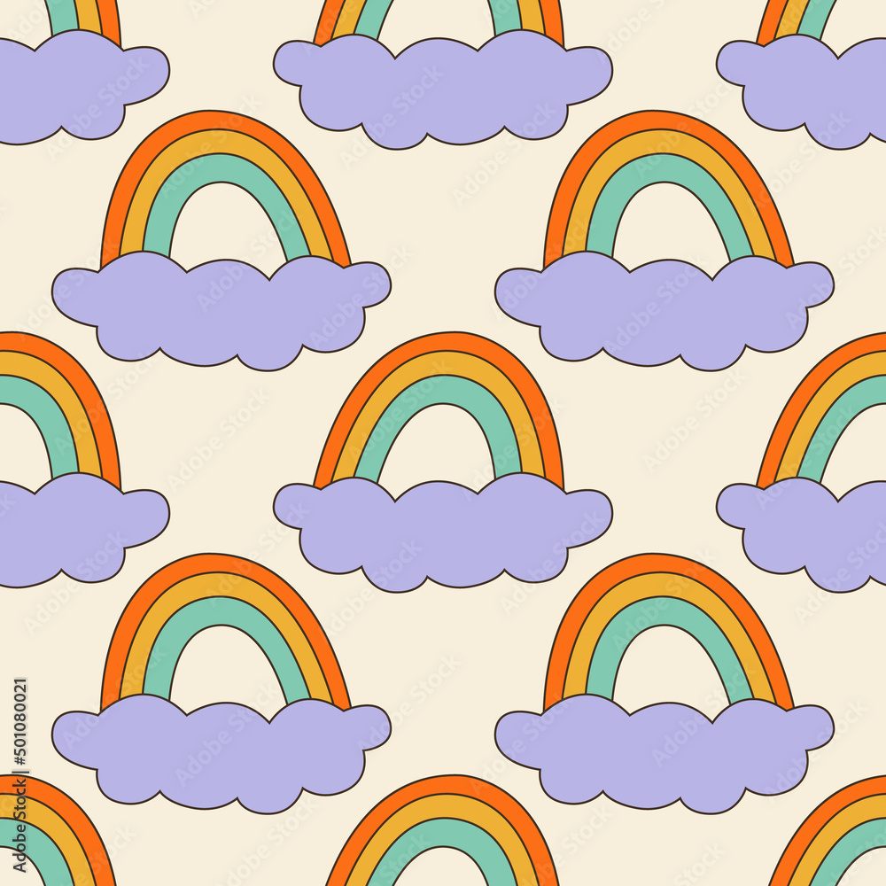 Poster seamless vector pattern with abstract rainbow and cloud in groovy style. 70s, 80s, 90s vibes funky b