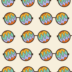 Seamless vector pattern with groovy sunglasses. 60s, 70s, 80s vibes disco background. Retro psychedelic glasses texture for design and print