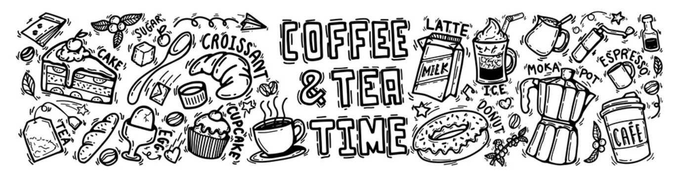 cute doodle cartoon coffee shop icons. vector outline hand drawn for coffee and bakery for cafe menu, including supply item and equipment isolated on white background. drawing style