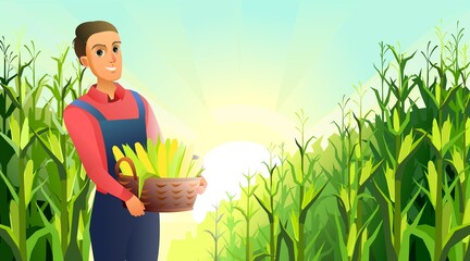 Guy with basket of corn cobs. Cheerful man. Farmer boy standing. Harvest agricultural plant. Food product. Farmer farm illustration. Rural summer field landscape. Vegetable garden cultivation. Vector