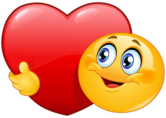 Happy emoji emoticon hugging a big red heart