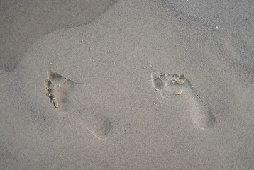 Footprints on wet sand. Footprints on the beach.