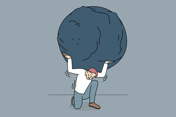 Stressed man carry heavy stone on shoulder overwhelmed with problem or task. Unhappy person hold rock or boulder suffer with overwork and responsibility. Burden concept. Vector illustration. 