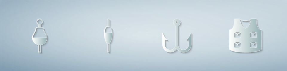 Set Fishing float, hook and jacket. Paper art style. Vector