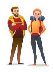 Family tourist backpacker. Backpack on his back. Cheerful person. Standing pose. Cartoon comic style flat design. Single character. Illustration isolated. Vector