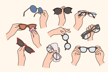 Collection of people holding various glasses for eyesight correction. Set of person hands with spectacles. Eyewear and opticians advertising. Flat vector illustration. 