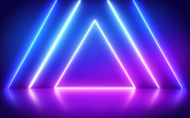 Fototapeta na wymiar Neon abstract triangle on reflective background. Glowing frame. Club, bar or cafe design poster.