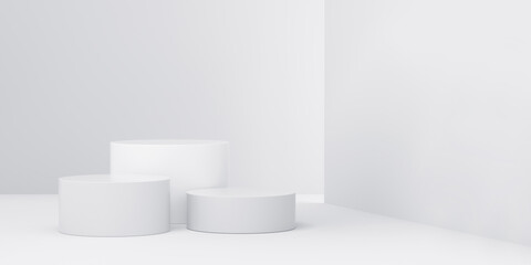 Podium with light entry from one side on white studio background. fashion and cosmetic concept