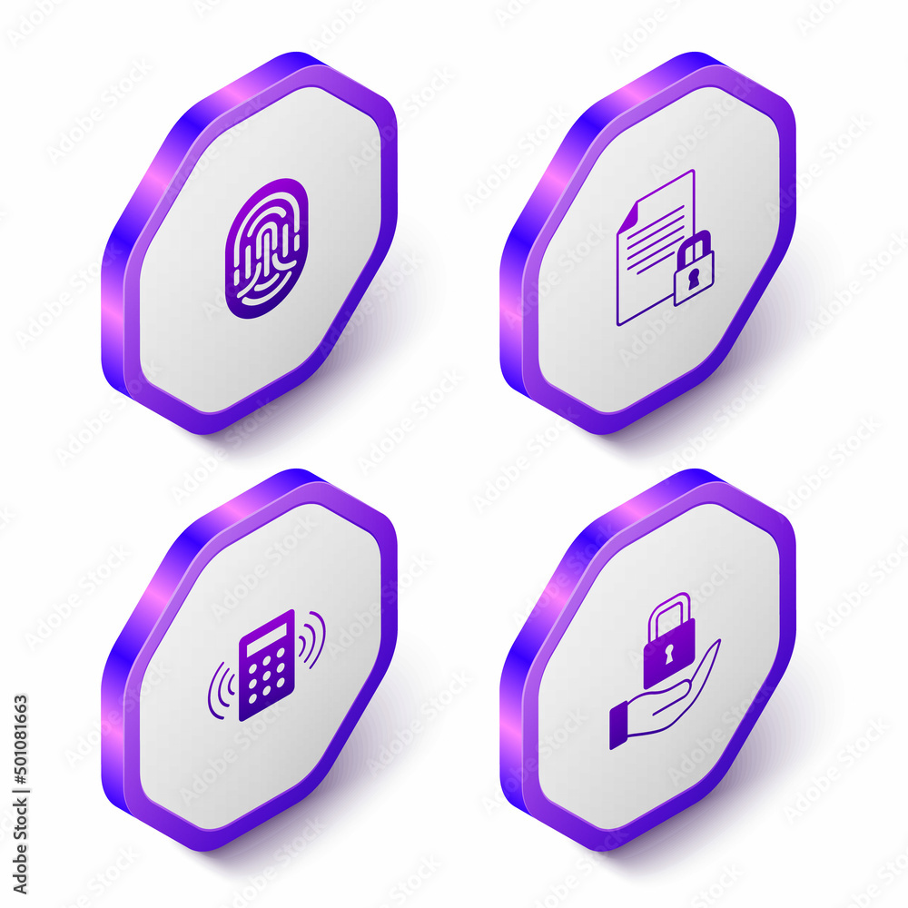 Poster set isometric fingerprint, document and lock, security keypad access panel and lock icon. purple hex