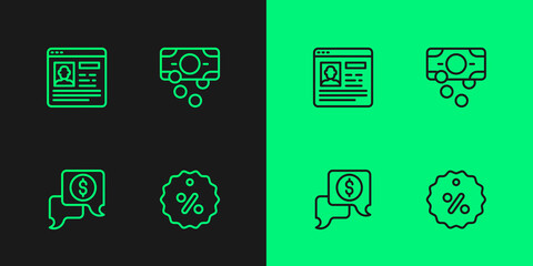 Set line Discount percent tag, Business negotiations, Resume and Stacks paper money cash icon. Vector