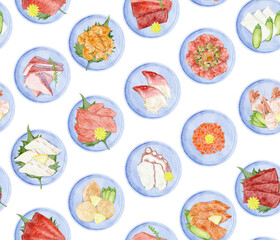 小皿に盛り付けたお刺身の連続背景パターン