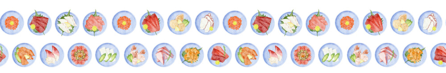 小皿に盛り付けたお刺身の連続背景パターン