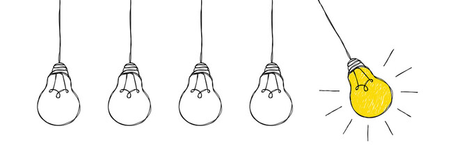 Hand drawn doodle light bulb set. Idea, solution concept. Vector illustration