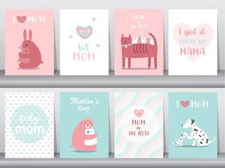 Fototapeta na wymiar Set of cute animal design for happy Mothers Day card,poster,template,greeting cards,Vector illustrations.