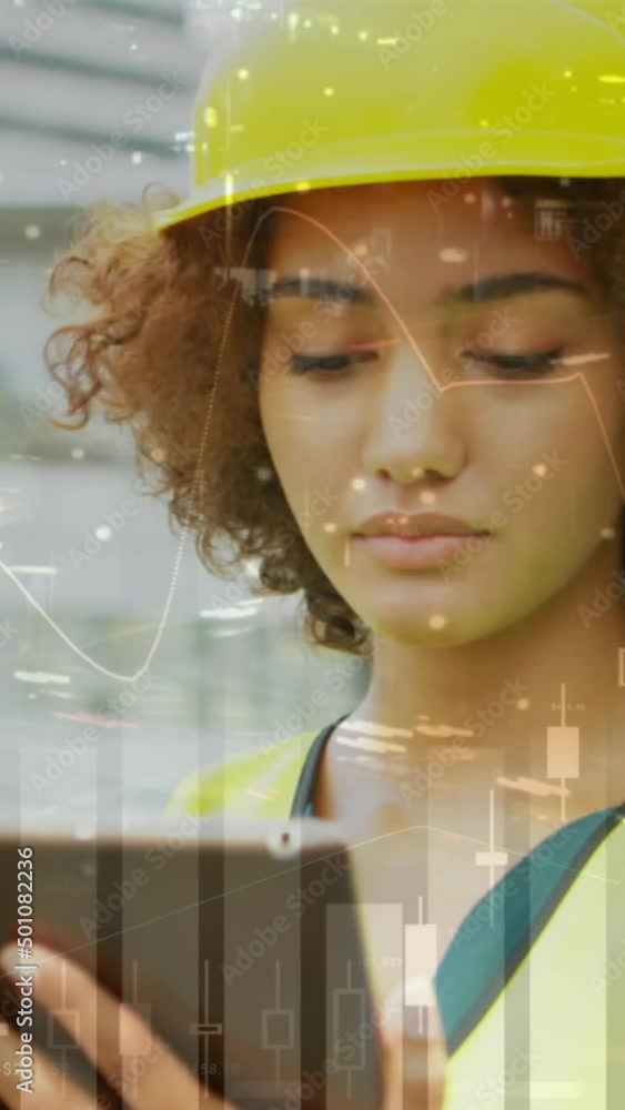 Poster animation of statistics processing over female architect using tablet at construction site