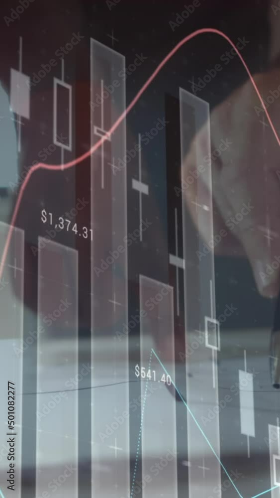 Poster animation of statistics and financial data processing over business people in meeting