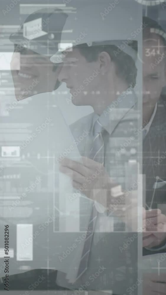 Poster animation of statistics and financial data processing over architects with plans in meeting