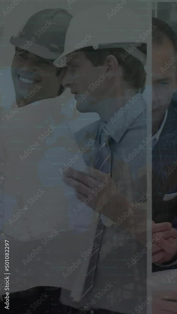Poster animation of statistics and financial data processing over architects with plans in meeting