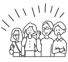 ヤジを飛ばす人々の線画イラスト