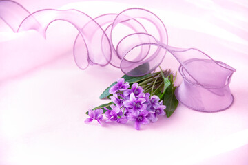 可愛いスミレの花束と紫のリボン（オーガンジー背景）
