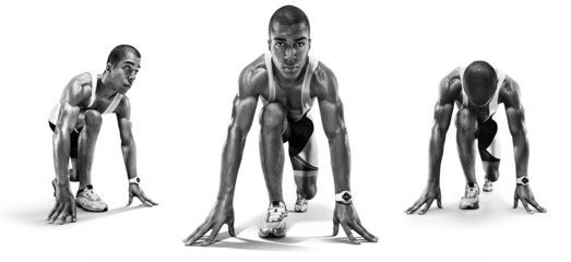 Combined black and white picture on a runs theme. Isolated Athlete runner. 