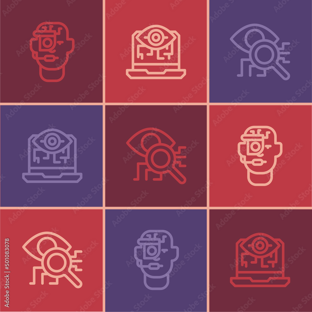 Poster Set line Smart glasses on spectacles, Eye scan and Computer vision icon. Vector