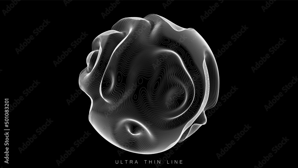 Poster ultra thin line fluid geometry. dynamic vector distorted spheres.