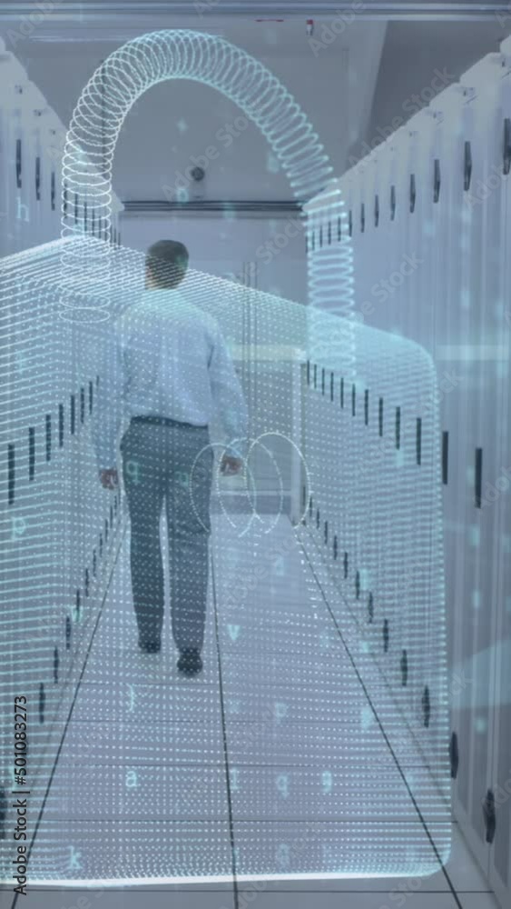 Poster animation of cyber attack warning and padlock over caucasian man in server room