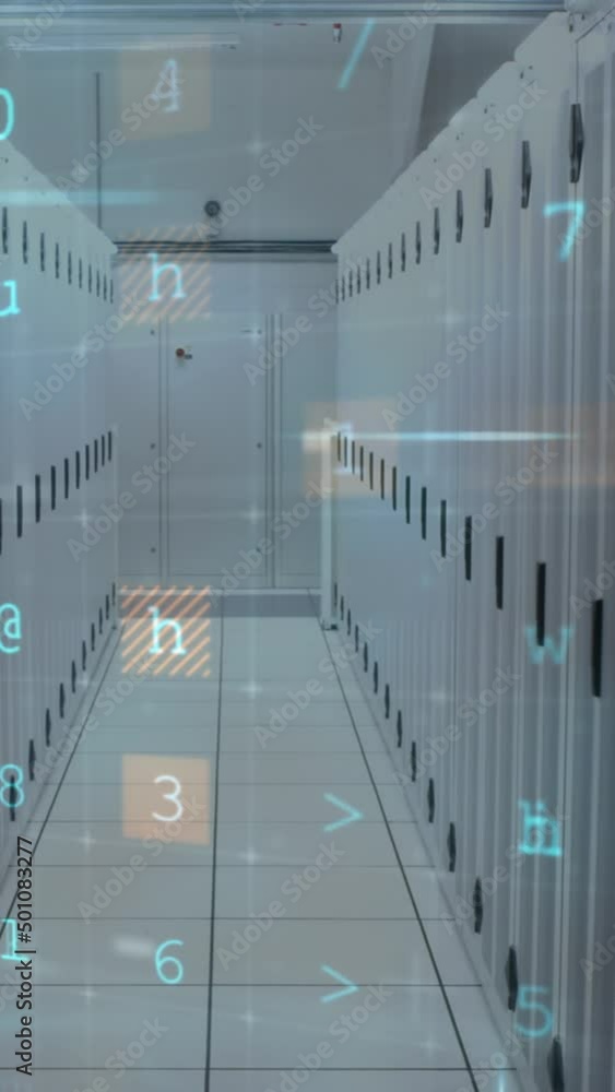 Poster animation of cyber attack warning with letters and numbers over server room