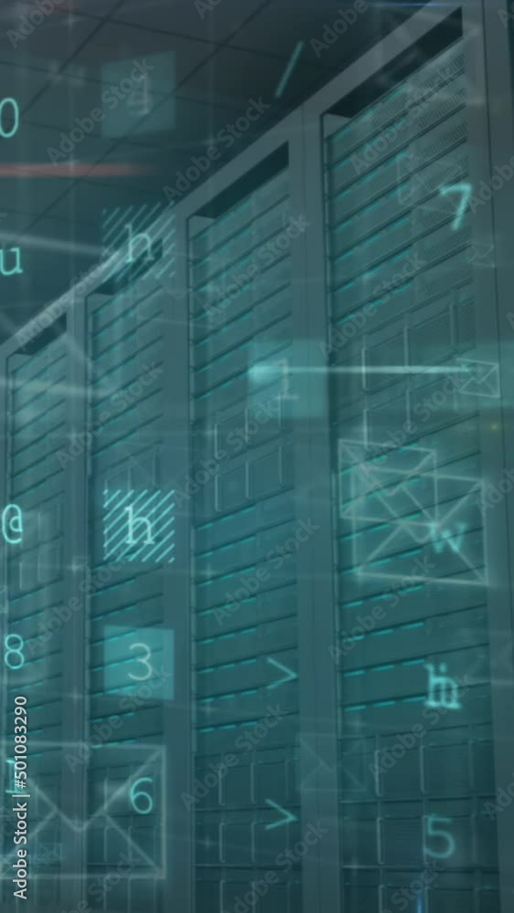 Aufkleber animation of cyber attack warning and envelope icons over server room