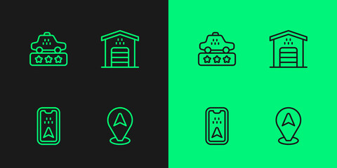 Set line Location taxi car, Infographic of city map, Taxi service rating and Garage for icon. Vector