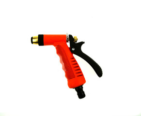Hose nozzle spraying water isolated on white background.