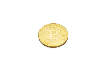 Gold bitcoin coin, front side, isolated on white background with reflection