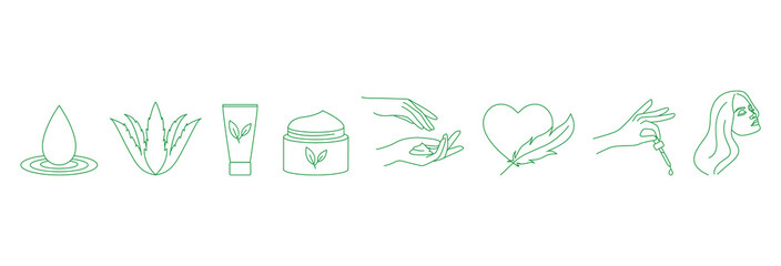 cosmetic line art icon set essential oil, aloe vera gel, cosmetic cream, cream on palm of the hand, sensitive skin oil drop, glowing face 